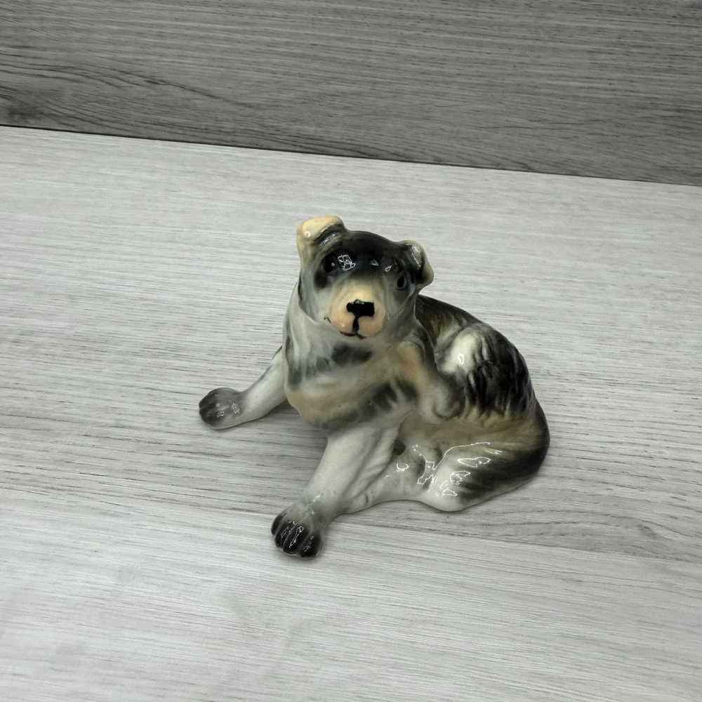 Porcelain Dog Figurine Collie Puppy Gray Black Tan Glazed Marked Base 3inch